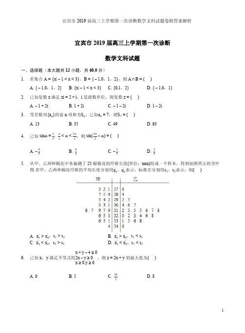 宜宾市2019届高三上学期第一次诊断数学文科试题卷附答案解析