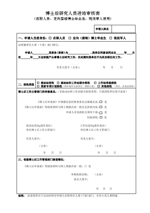 博士后研究人员进站审核表