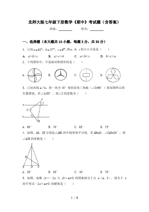 北师大版七年级下册数学《期中》考试题(含答案)