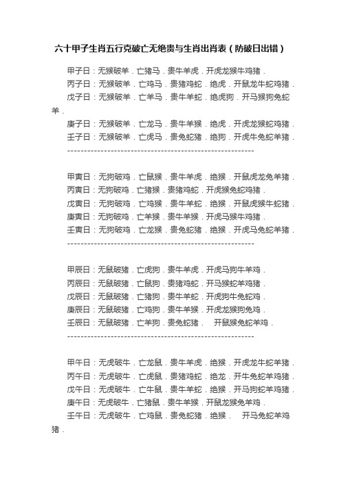 六十甲子生肖五行克破亡无绝贵与生肖出肖表（防破日出错）