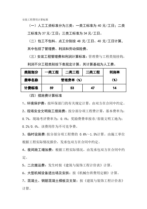 安装工程费用计算标准