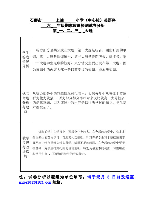 六年级英语期末质量监测试卷分析表1