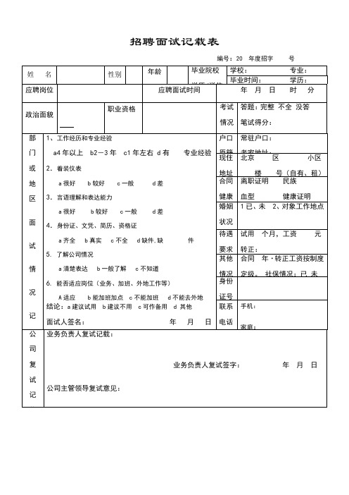 员工面试情况记录表