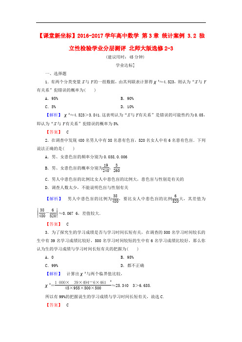 高中数学 第3章 统计案例 3.2 独立性检验学业分层测评 北师大版选修23