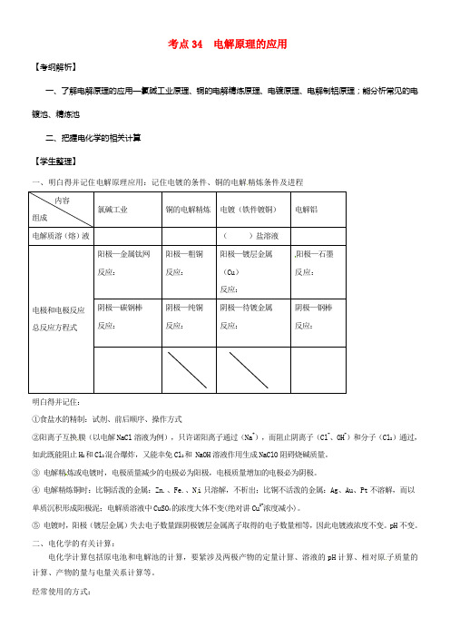 山西省忻州市第一中学2017届高三化学一轮温习考点34电解原理的应用学案无答案