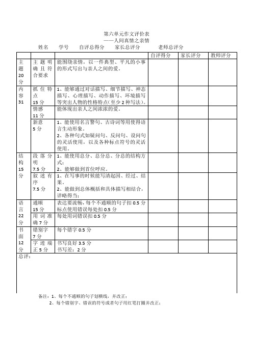 人间真情之亲情第6单元作文评价标准表
