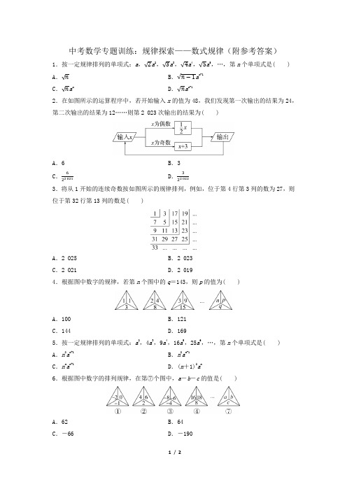 中考数学专题训练：规律探索——数式规律(附参考答案)