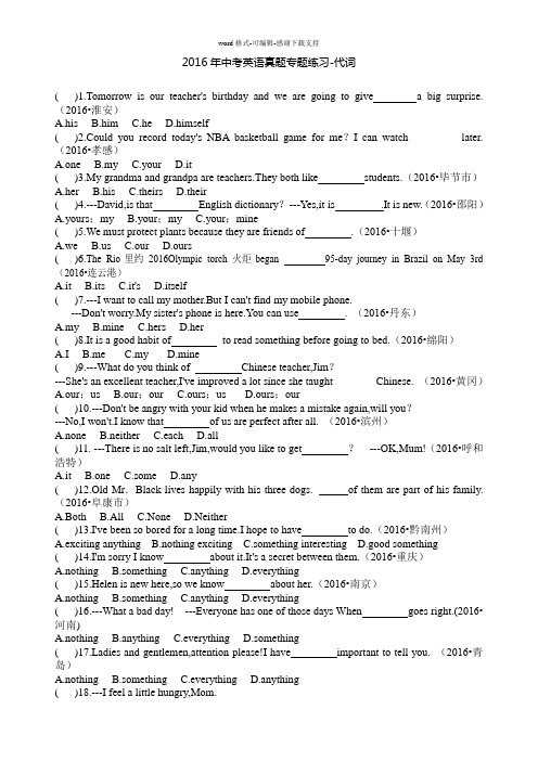 (核心重难30题)2016年中考英语真题分类汇编-代词