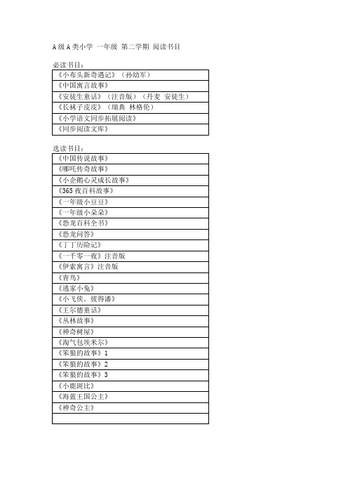 A级A类小学 一年级 第二学期 阅读书目