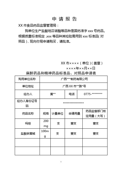 申请报告麻醉药品和精神药品标准品、对照品申请表【模板】