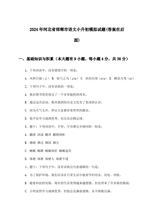 河北省邯郸市语文小升初试题与参考答案(2024年)