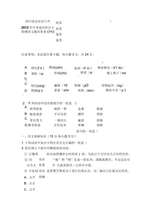 四川宜宾六中2012中考适应性自主检测题及答案(11)-语文