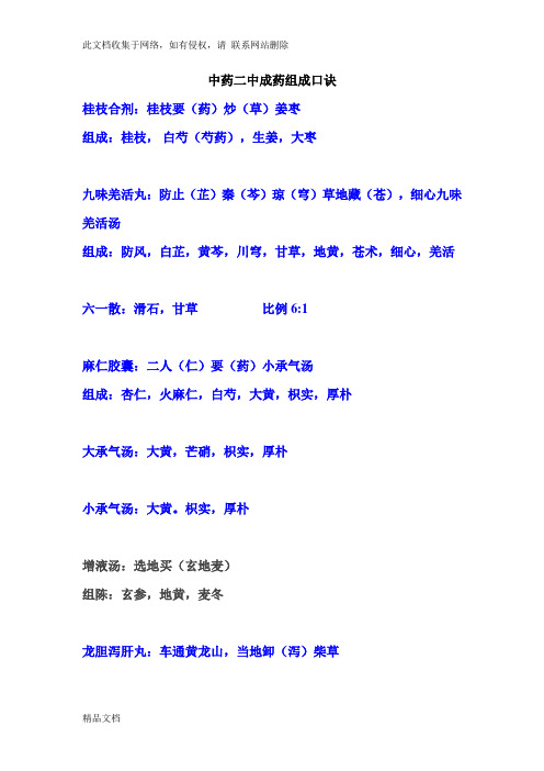 最新整理中药二中成药组成口诀复习过程