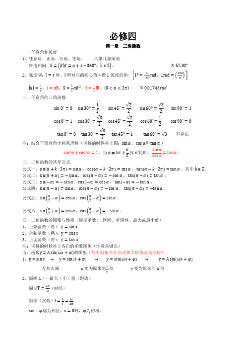 【人教版】数学必修四：知识点精要归纳整理