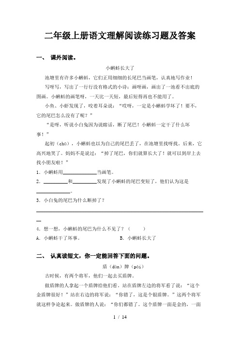 二年级上册语文理解阅读练习题及答案