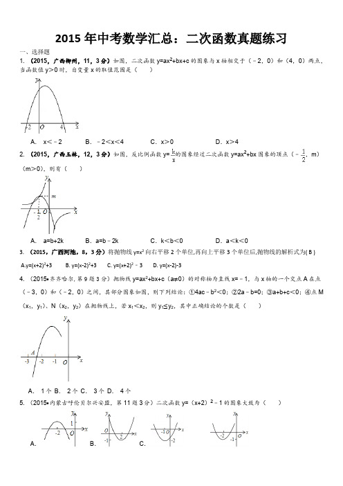 2015年中考数学汇总：二次函数真题