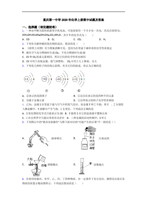 重庆第一中学2020年初三化学上册期中试题及答案