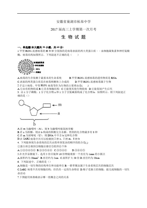 安徽省巢湖市柘皋中学高三上学期第一次月考——生物生物