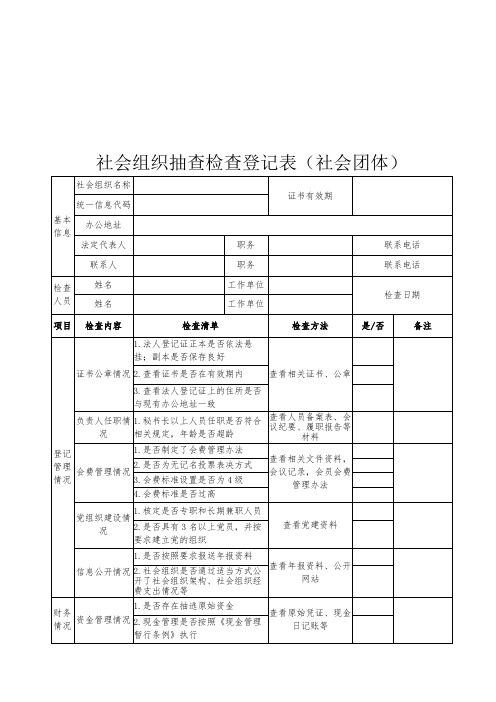 社会组织抽查检查登记表【模板】