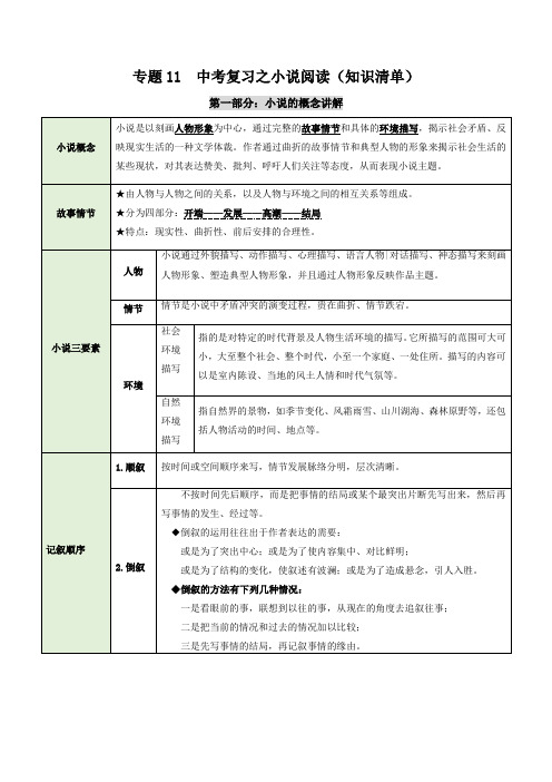 中考语文复习专题11小说阅读(知识清单部编版)