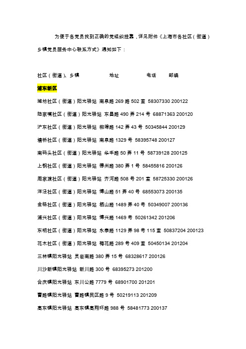 上海市各区县阳光驿站的联系方式