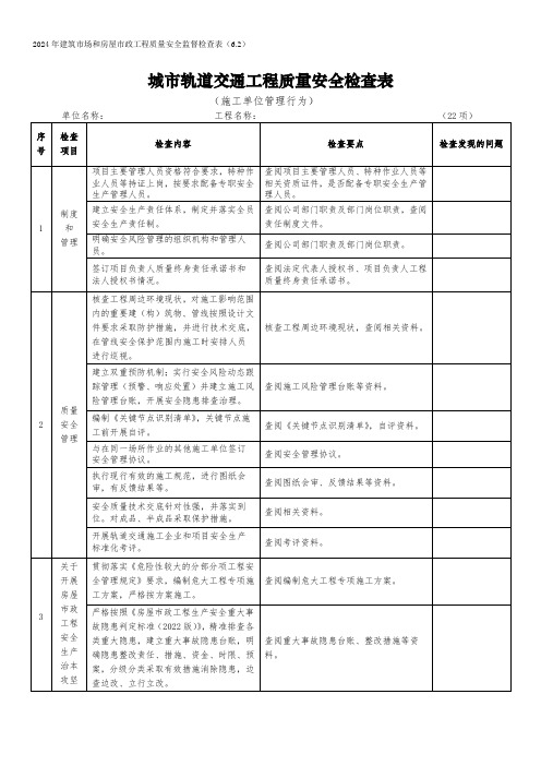 城市轨道交通工程质量安全检查表(施工单位管理行为)