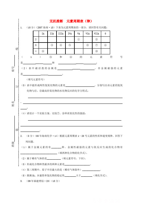 高中化学总复习 20无机推断之元素周期表型练习