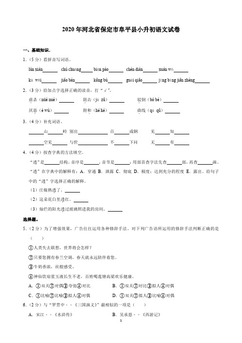 2020年河北省保定市阜平县小升初语文试卷(含解析)印刷版