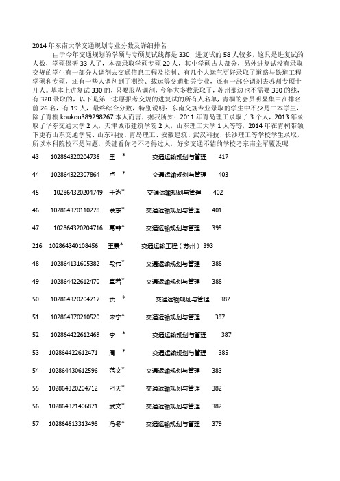2014年东南大学交通运输规划与管理报名及复试情况