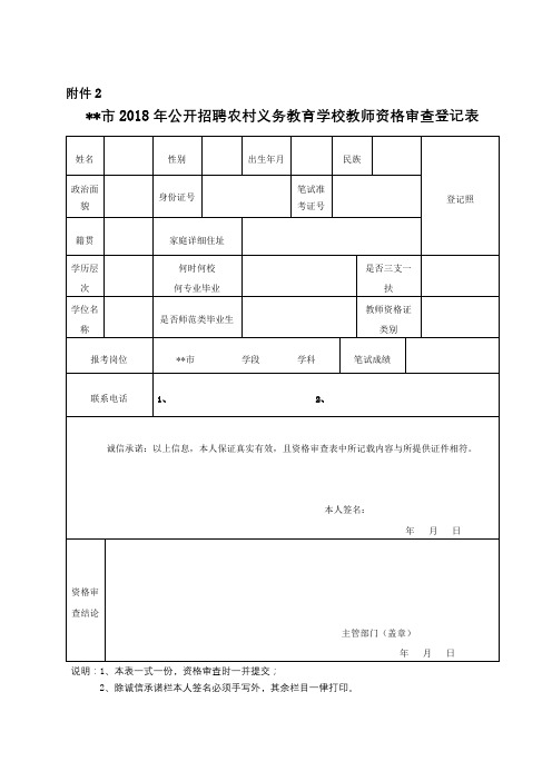XX市2018年公开招聘农村义务教育学校教师资格审查登记表【模板】