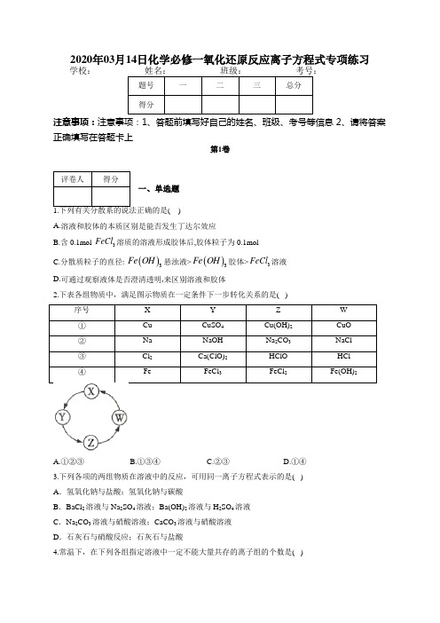 化学必修一氧化还原反应离子方程式专项练习(附答案)