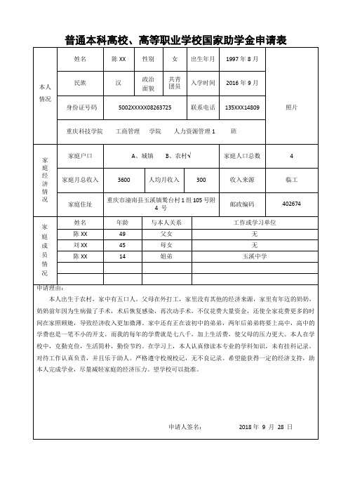 国家助学金申请表