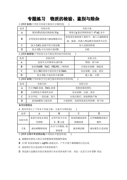中考化学专题训练 物质的检验、鉴别与除杂含答案