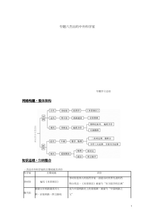 2018-2019学年高中历史专题六杰出的中外科学家专题学习总结学案人民版选修4