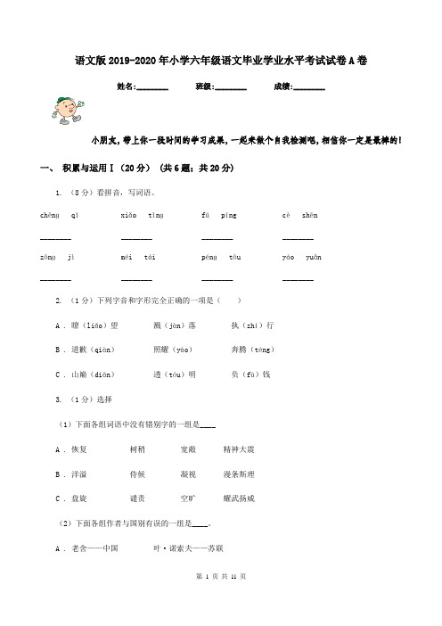 语文版2019-2020年小学六年级语文毕业学业水平考试试卷A卷