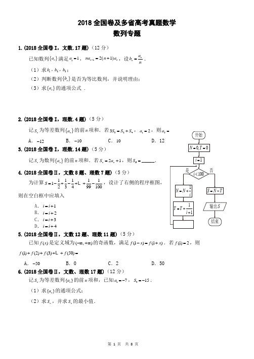 2018年高考数学 全国卷及多省高考真题 数列真题详解