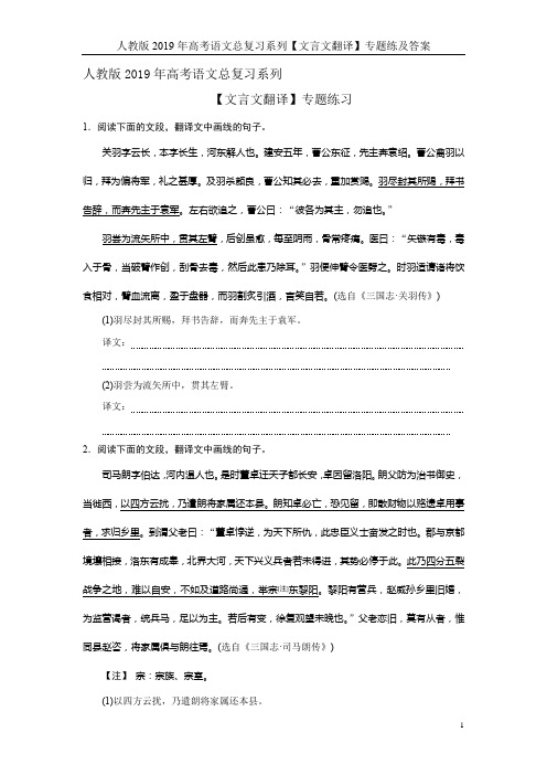 人教版2019年高考语文总复习系列【文言文翻译】专题练及答案