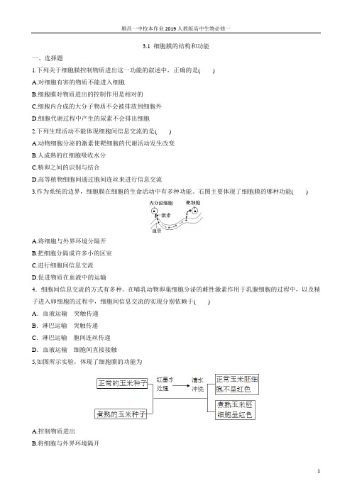 【新教材】3.1细胞膜的结构和功能同步练习高一生物人教版(2019)必修