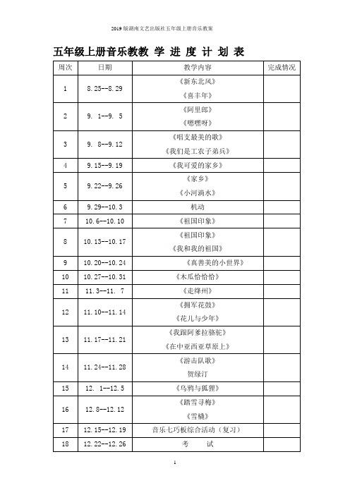 2019版湖南文艺出版社五年级上册音乐教案