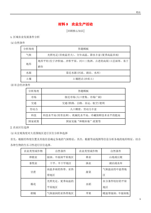 2019版高考地理二轮复习 第四部分 考前静悟材料 材料9 农业生产活动学案