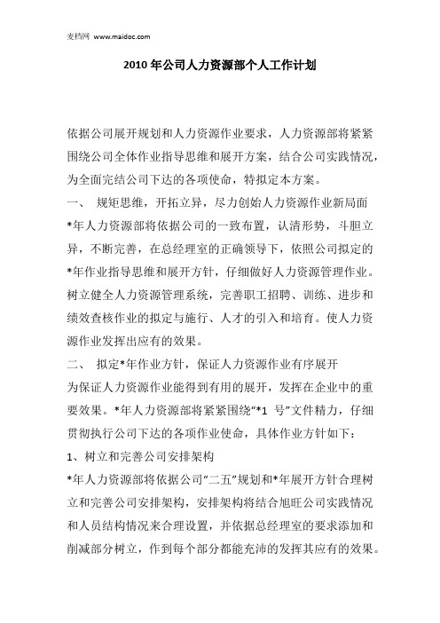 2010年公司人力资源部个人工作计划