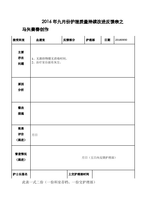 血透室护理质量持续改进反馈表