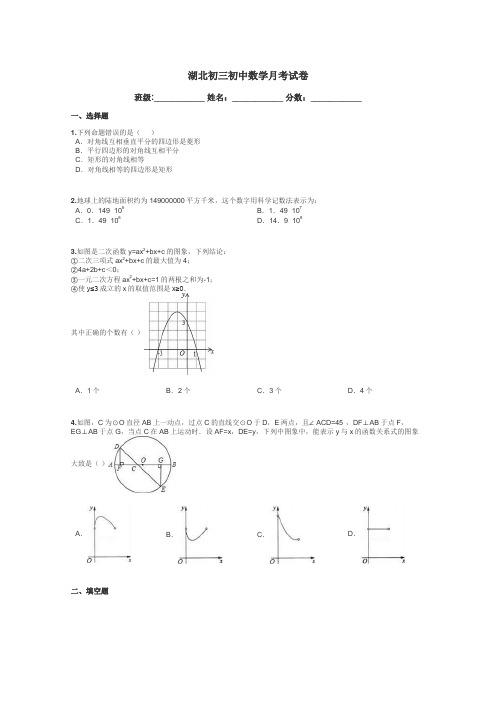 湖北初三初中数学月考试卷带答案解析

