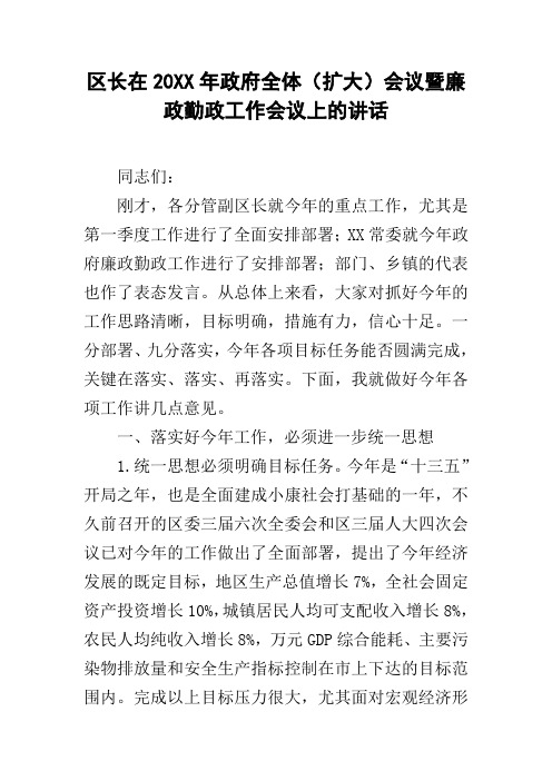 区长在20xx年政府全体(扩大)会议暨廉政勤政工作会议上的讲话
