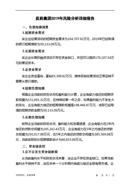 昆药集团2019年财务风险分析详细报告