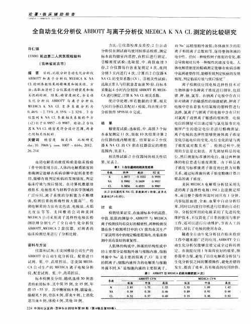 全自动生化分析仪ABBOTT与离子分析仪MEDICA K NA CL测定的比较研究
