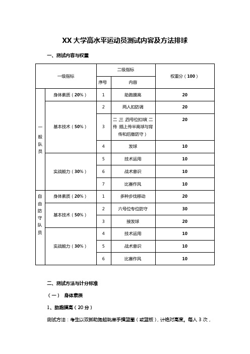 XX大学高水平运动员测试内容及方法排球