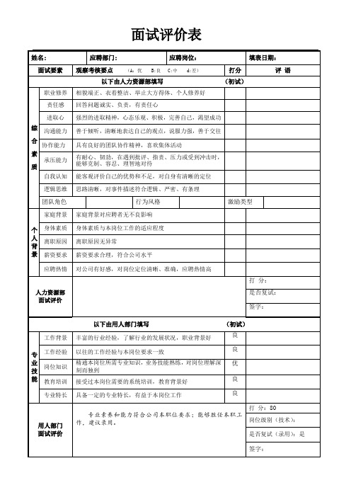 新员工面试评价表初试复试