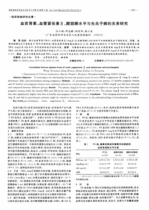 血浆肾素、血管紧张素Ⅱ、醛固酮水平与先兆子痫的关系研究