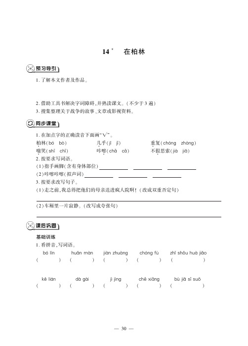 六年级上册语文试题-第四单元14.在柏林人教部编版